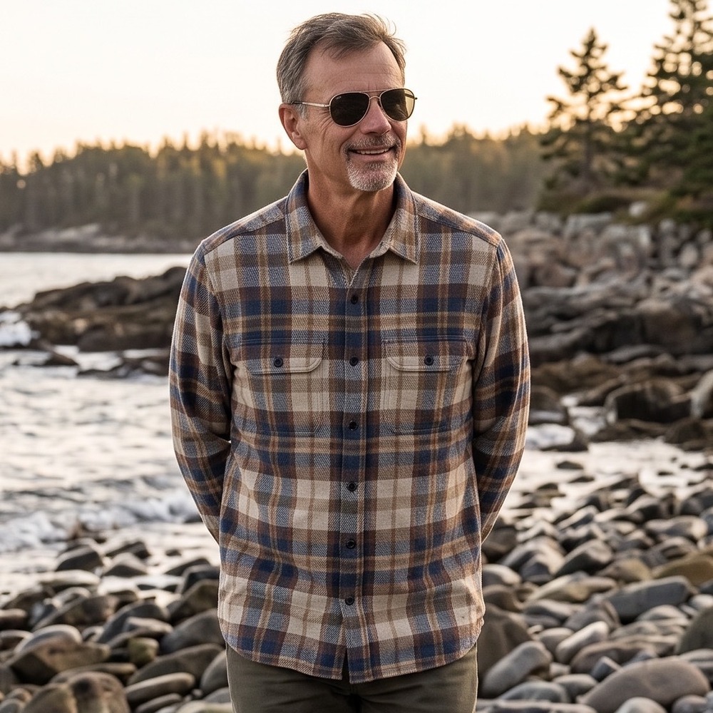 Quince Mens Stretch Sweater Fleece Shirt Mocha Check Plaid LB43868-GCGL01-7639 L